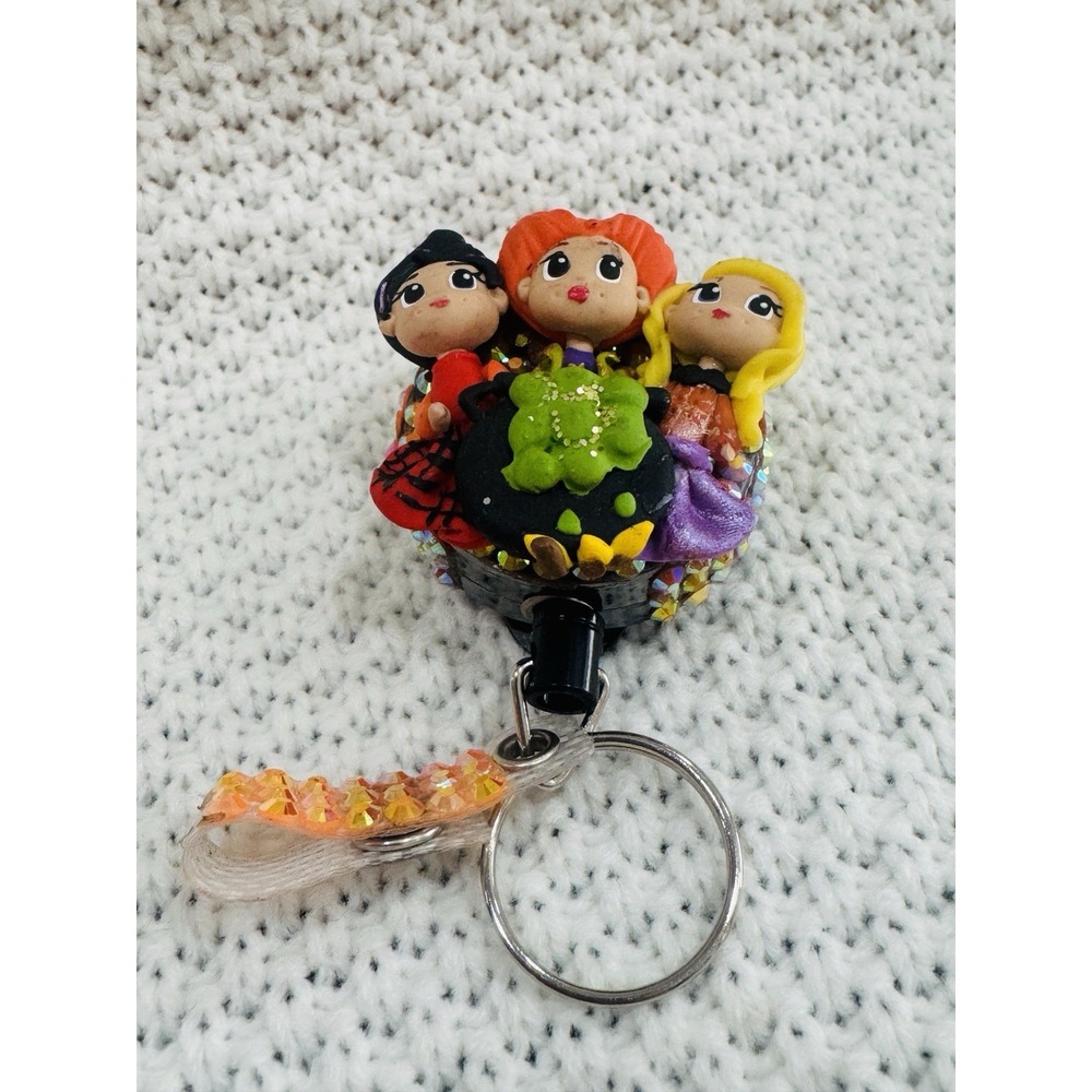Halloween Witch Sisters Cauldron Rhinestone Retractable Badge Reel Keychain